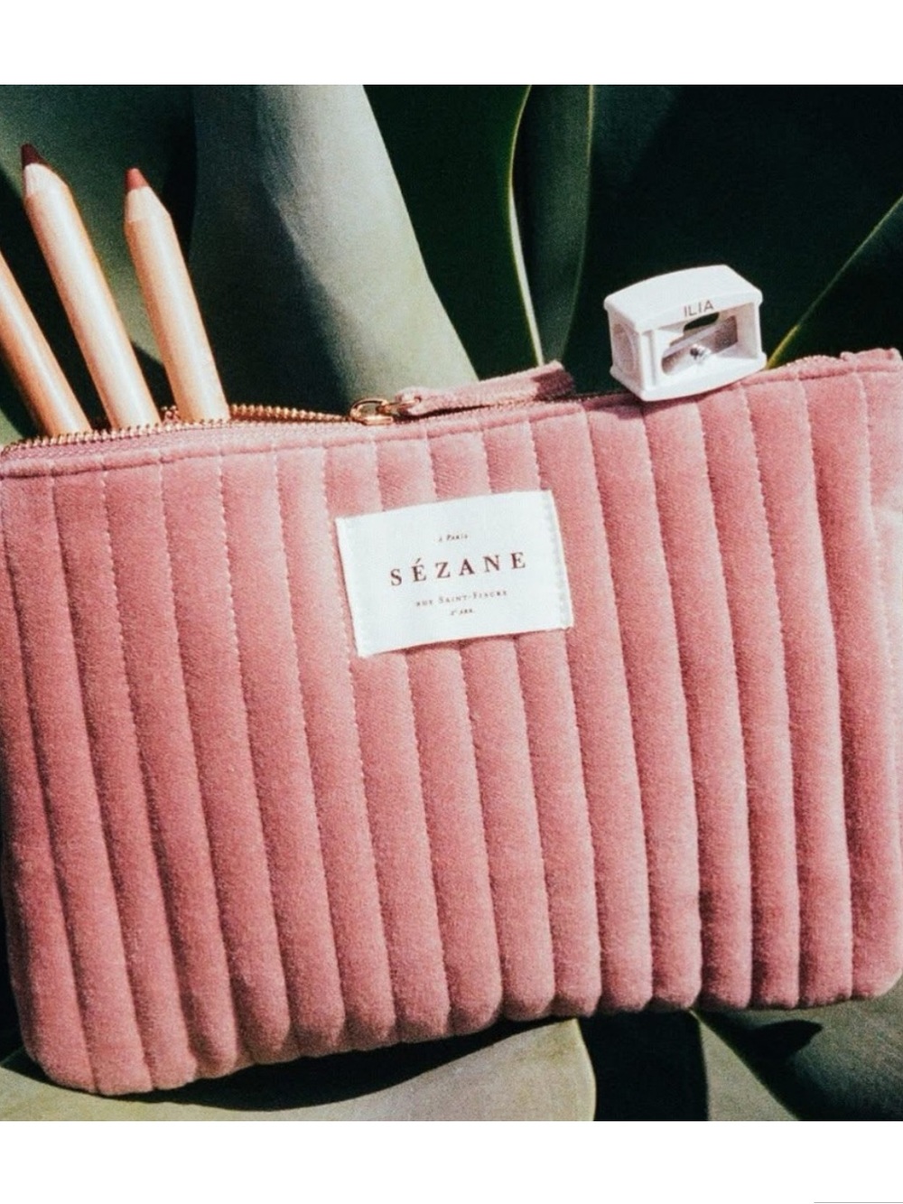 SEZANE Velvet Toiletry Bag Dusty Pink Quilted Makeup Pouch